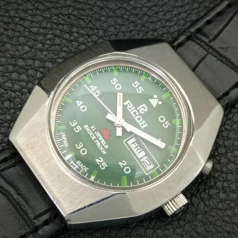 Vintage 1990 Ricoh Automatic Mens Silver Watch W/daydate & Red accents